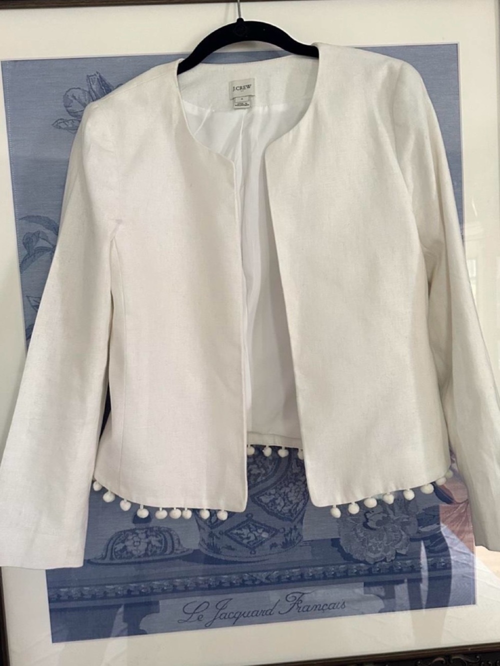 J. Crew White Collarless Jacket with Pom-Pom Hem